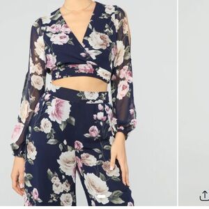 Floral Navy Wrap Top and bottom set